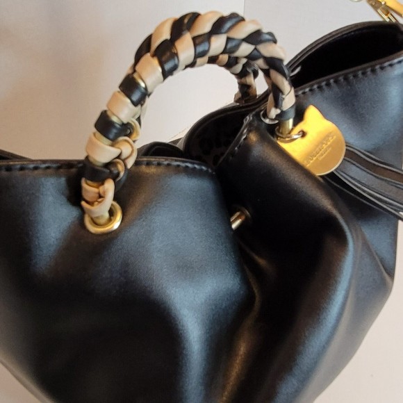 Lollipops Paris Black Bucket Crossbody Bag Cat/Tassel Charm Leopard Lining  9"H - Picture 5 of 12